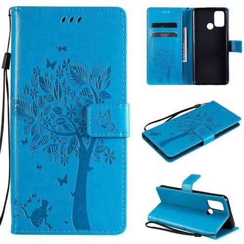 Saturcase Coque Pour Realme 7i / Realme C17, Arbre À Chat Pu Cuir Magnétique Flip Portefeuille Support Porte-Carte Protecteur Housse Étui Avec Dragonne Pour Realme 7i / Realme C17 (Bleu)