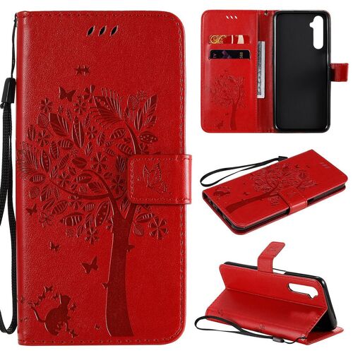 Saturcase Coque Pour Realme 6, Arbre À Chat Pu Cuir Magnétique Flip Portefeuille Support Porte-Carte Protecteur Housse Étui Avec Dragonne Pour Realme 6 (Rouge)