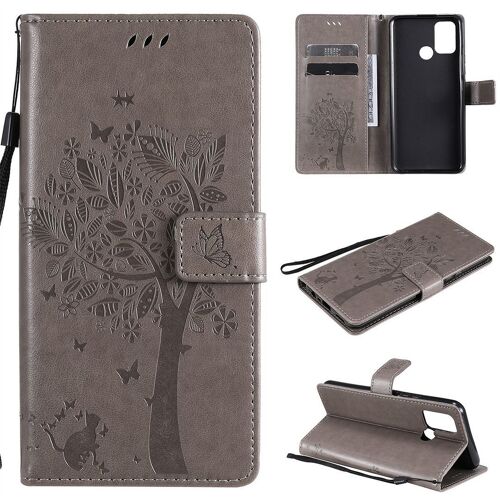 Saturcase Coque Pour Realme 7i / Realme C17, Arbre À Chat Pu Cuir Magnétique Flip Portefeuille Support Porte-Carte Protecteur Housse Étui Avec Dragonne Pour Realme 7i / Realme C17 (Gris)