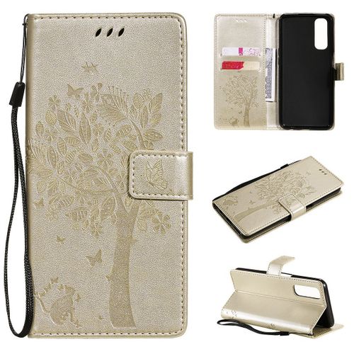 Saturcase Coque Pour Realme 7, Arbre À Chat Pu Cuir Magnétique Flip Portefeuille Support Porte-Carte Protecteur Housse Étui Avec Dragonne Pour Realme 7 (Or)