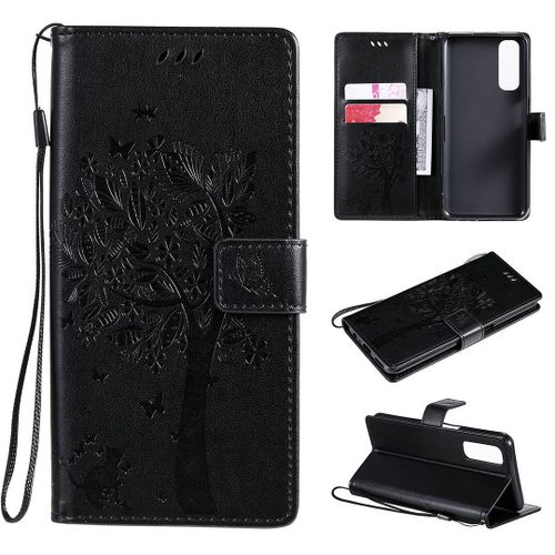 Saturcase Coque Pour Realme 7, Arbre À Chat Pu Cuir Magnétique Flip Portefeuille Support Porte-Carte Protecteur Housse Étui Avec Dragonne Pour Realme 7 (Noir)