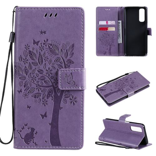 Saturcase Coque Pour Realme 7, Arbre À Chat Pu Cuir Magnétique Flip Portefeuille Support Porte-Carte Protecteur Housse Étui Avec Dragonne Pour Realme 7 (Lavande)