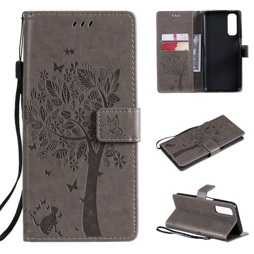 Saturcase Coque Pour Realme 7, Arbre À Chat Pu Cuir Magnétique Flip Portefeuille Support Porte-Carte Protecteur Housse Étui Avec Dragonne Pour Realme 7 (Gris)