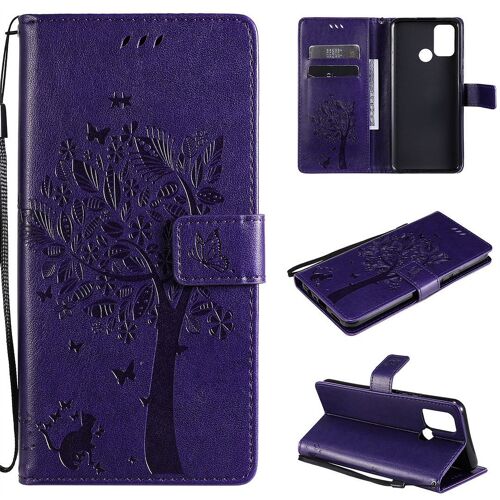Saturcase Coque Pour Realme 7i / Realme C17, Arbre À Chat Pu Cuir Magnétique Flip Portefeuille Support Porte-Carte Protecteur Housse Étui Avec Dragonne Pour Realme 7i / Realme C17 (Violet)