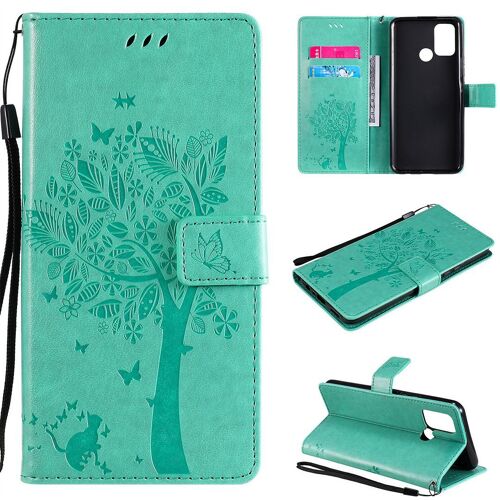Saturcase Coque Pour Realme 7i / Realme C17, Arbre À Chat Pu Cuir Magnétique Flip Portefeuille Support Porte-Carte Protecteur Housse Étui Avec Dragonne Pour Realme 7i / Realme C17 (Vert)