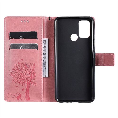 Saturcase Coque Pour Realme 7i / Realme C17, Arbre À Chat Pu Cuir Magnétique Flip Portefeuille Support Porte-Carte Protecteur Housse Étui Avec Dragonne Pour Realme 7i / Realme C17 (Pink)