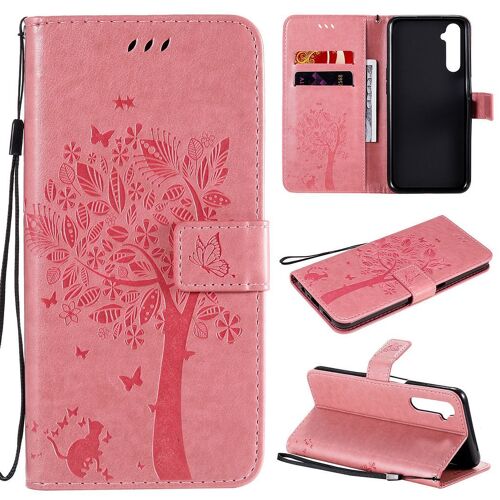 Saturcase Coque Pour Realme 6, Arbre À Chat Pu Cuir Magnétique Flip Portefeuille Support Porte-Carte Protecteur Housse Étui Avec Dragonne Pour Realme 6 (Pink)