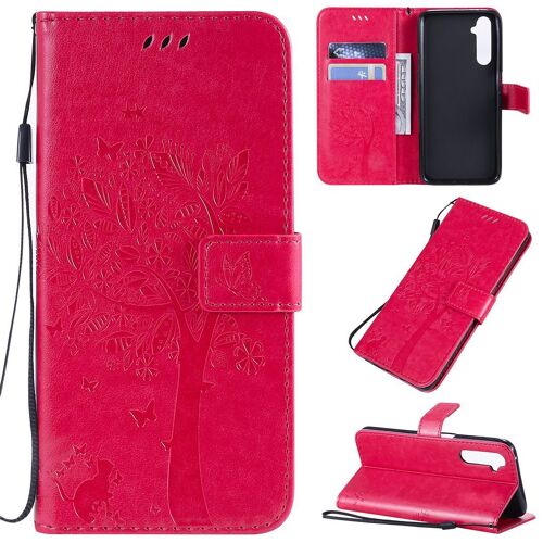 Saturcase Coque Pour Realme 6 Pro, Arbre À Chat Pu Cuir Magnétique Flip Portefeuille Support Porte-Carte Protecteur Housse Étui Avec Dragonne Pour Realme 6 Pro (Rose)