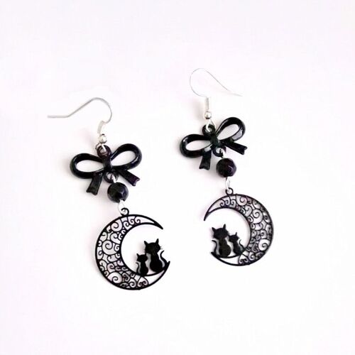Boucles D'oreilles En Forme De Croissant De Lune Et De Chats Avec Perles Noires, Filig123 Witchy, Cadeau D'amant De Chat, Bijoux Gothiques Noirs