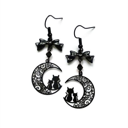 Boucles D'oreilles En Forme De Croissant De Lune Et De Chats Avec Perles Noires, Filig123 Witchy, Cadeau D'amant De Chat, Bijoux Gothiques Noirs