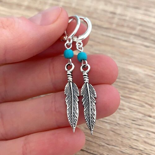 Boucles D'oreilles Huggie Plume, Bijoux Bohème, Boucles D'oreilles Sulf, Hoop, Dangle Charm, Turquoise