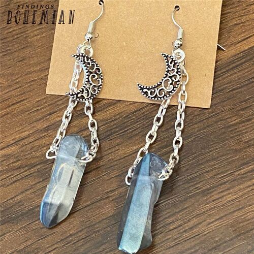 Boucles D'oreilles Pendantes En Cristal Croissant De Lune, Boucles D'oreilles En Quartz, Bijoux De Sorcellerie, Cadeau Lunaire