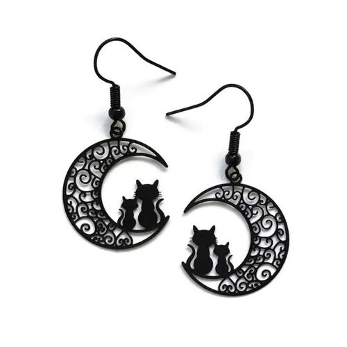 Boucles D'oreilles En Forme De Croissant De Lune Et De Chats Avec Perles Noires, Filig123 Witchy, Cadeau D'amant De Chat, Bijoux Gothiques Noirs