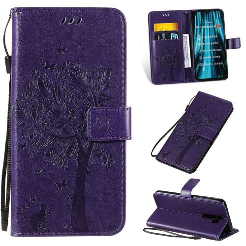Saturcase Coque Pour Xiaomi Redmi Note 8 Pro, Arbre À Chat Pu Cuir Magnétique Flip Portefeuille Support Porte-Carte Protecteur Housse Étui Avec Dragonne Pour Xiaomi Redmi Note 8 Pro (Violet)