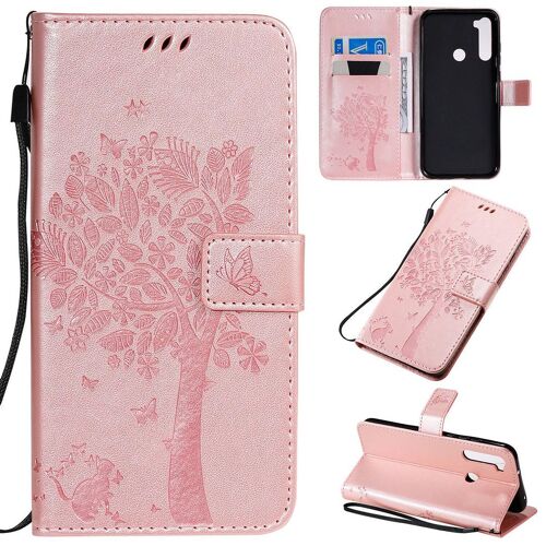 Saturcase Coque Pour Xiaomi Redmi Note 8t, Arbre À Chat Pu Cuir Magnétique Flip Portefeuille Support Porte-Carte Protecteur Housse Étui Avec Dragonne Pour Xiaomi Redmi Note 8t (Or Rose)