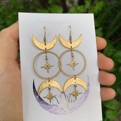 Boucles D'oreilles Dorées Avec Pendentif Soleil Et Lune, En Laiton, Boholook Helike