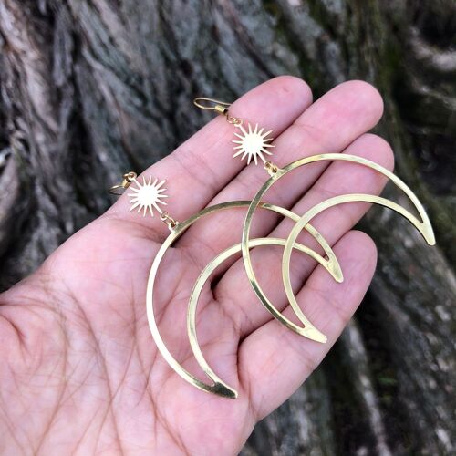 Boucles D'oreilles Dorées Avec Pendentif Soleil Et Lune, En Laiton, Boholook Helike