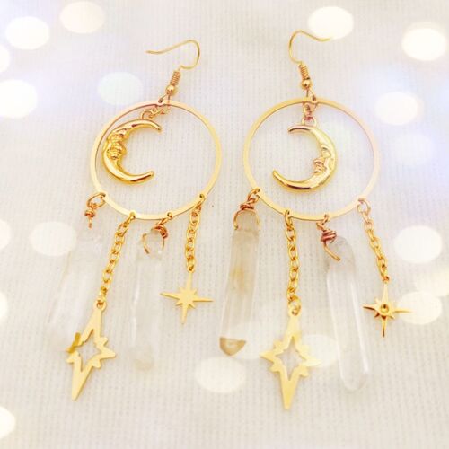 Boucles D'oreilles En Cristal De Quartz, Boucles D'oreilles Célestes, Boucles D'oreilles Boho, Boucles D'oreilles Sorcières, Lune