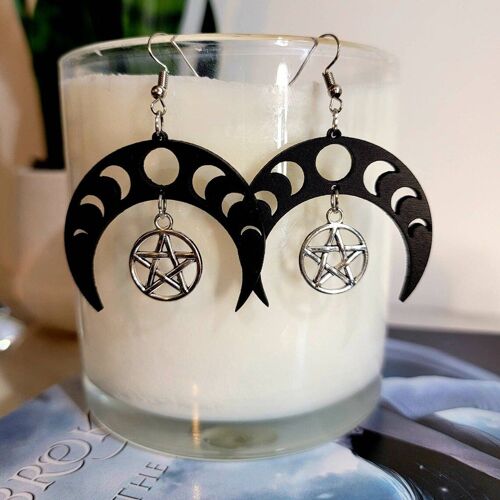 Boucles D'oreilles Gothiques En Forme De Phase De Lune, Pentagramme Mystique, Goutte Noire, Pprédéterminée, Pour Halloween