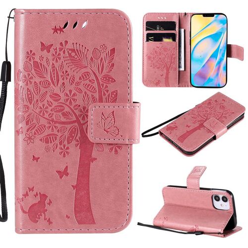 Saturcase Coque Pour Apple Iphone 12 Mini, Arbre À Chat Pu Cuir Magnétique Flip Portefeuille Support Porte-Carte Protecteur Housse Étui Avec Dragonne Pour Apple Iphone 12 Mini (Pink)