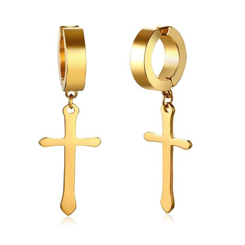 1 Paire De Boucles D'oreilles Croix En Acier Inoxydable Noir, Crucifix Goutte Huggie Charnière, Bijoux Pour Hommes