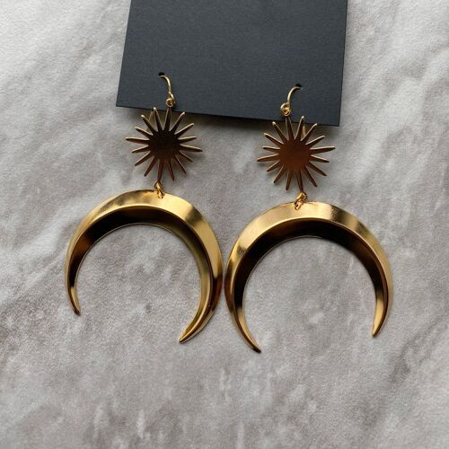 Boucles D'oreilles Soleil Et Lune, Bijoux Boho, Bijoux Soleil, Bijoux Lune, Boucles D'oreilles Stratravelling, Boucles D'oreilles Or Document Soleil Lune