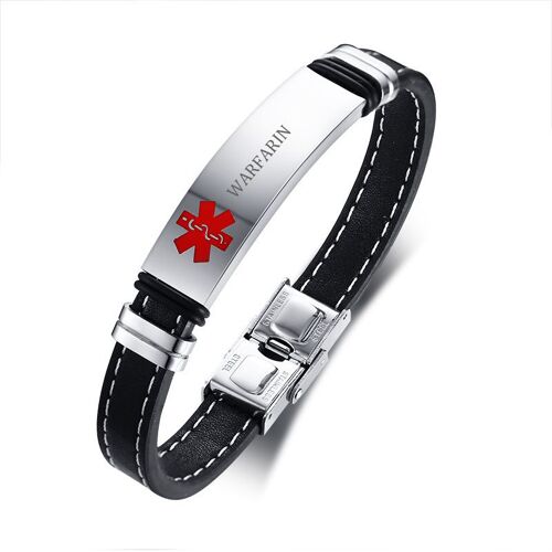 Bracelet D'alerte Médicale En Cuir Noir Pour Homme, Avec Sculpture Sur Maladie