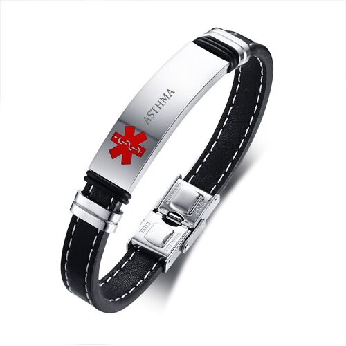 Bracelet D'alerte Médicale En Cuir Noir Pour Homme, Avec Sculpture Sur Maladie