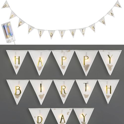 Jgd-Guirlande Lumineuse « Happy Birthday » Avec 13 Drapeaux - Longueur 210 Cm - 13 Drapeaux - Led Blanc Chaud À Piles - Éclairage Décoratif Avec Minuterie (1 Guirlande Lumineuse Happy Birthday)