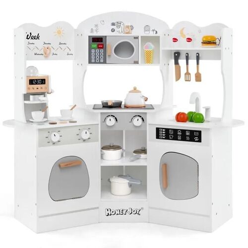 COSTWAY Cuisine de Jeu d'Angle en Bois pour Enfants 3 Ans+, 18 Accessoires avec Lumières et Sons, Machine à Café, Micro-Ondes, Blanc