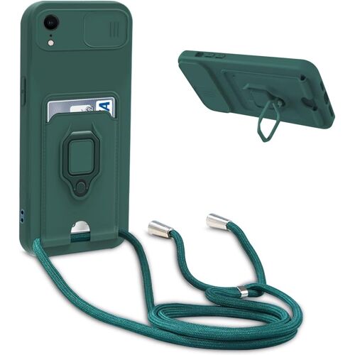 Coque Compatible Avec Iphone Xr,Reglable Lanyard Case En Silicone Cover,Portefeuille Fentes Cartes Housse Avec Anneau Rotatif A 360 Degres,Vert Fonce