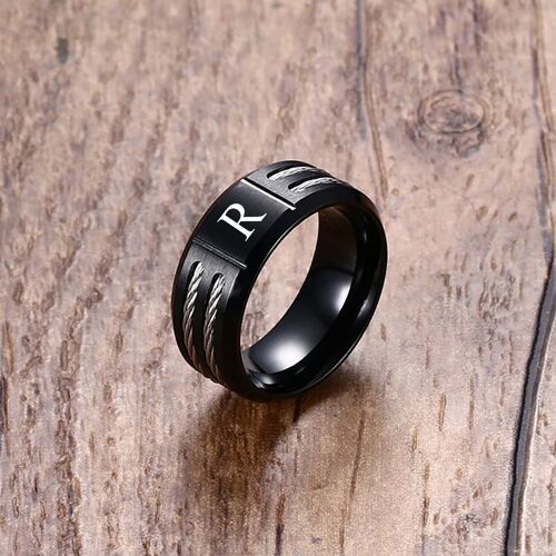 Anneau Initial Des Hommes Noirs De Mn, Bandes De Mariage Imperméables De Lettre De A-Z D'acier Inoxydable Pour Les Bijoux Masculins De Cadeau De Doigt De Garçons