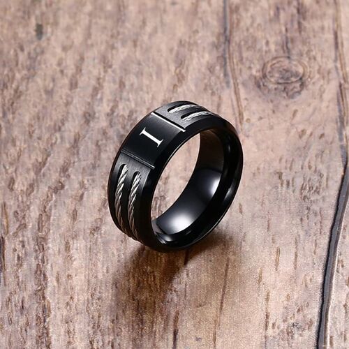 Anneau Initial Des Hommes Noirs De Mn, Bandes De Mariage Imperméables De Lettre De A-Z D'acier Inoxydable Pour Les Bijoux Masculins De Cadeau De Doigt De Garçons