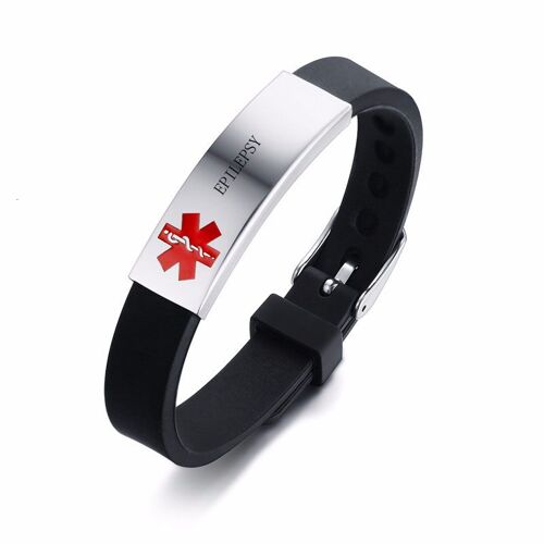 Bracelet Médical Réglable En Silicone Noir Pour Homme, Warcoder In Asthma, Pacemaker, Allergy, Copd, Diabetes, Epilepsy, Pacemaker