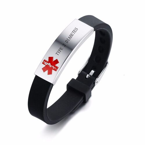 Bracelet Médical Réglable En Silicone Noir Pour Homme, Warcoder In Asthma, Pacemaker, Allergy, Copd, Diabetes, Epilepsy, Pacemaker