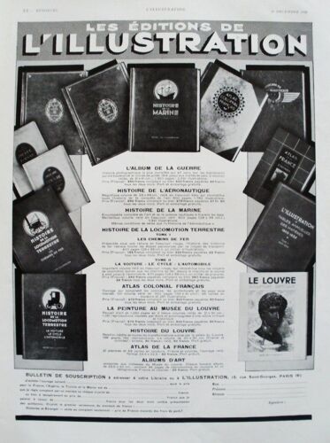 Publicité Papier Ancienne (Décembre 1936) Pour Les Éditions De "L'illustration" : Album De La Guerre, Le Louvre, Colonies Françaises, L'histoire De La Marine, L'aéronautique, Les Chemins De Fer, .....
