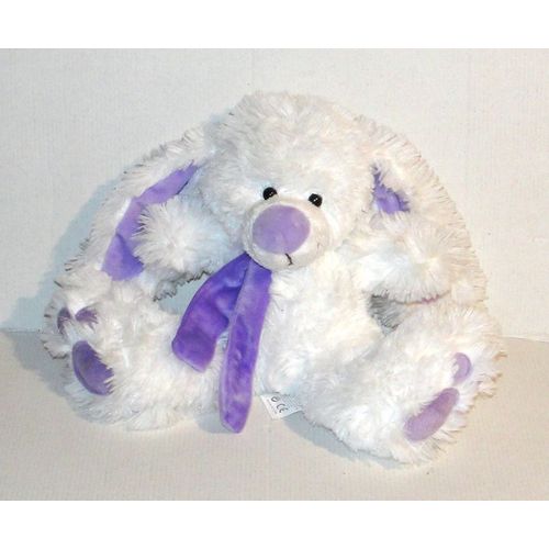 lapin blanc mauve enesco peluche doudou lapin fourrure assis