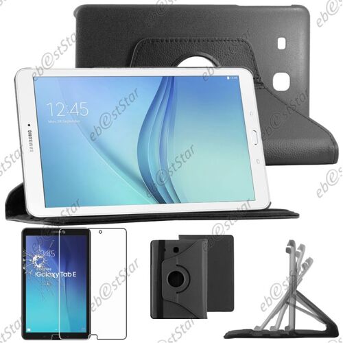 Ebeststar ® Pour Samsung Galaxy Tab E 9.6 T560, T561 - Housse Coque Etui Pu Cuir Rotatif Avec Support À Rotation 360° + Verre, Couleur Noir [Dimensions Precises De Votre Appareil : 241.9 X 149.5 X 8.5 Mm, Écran 9.6'']