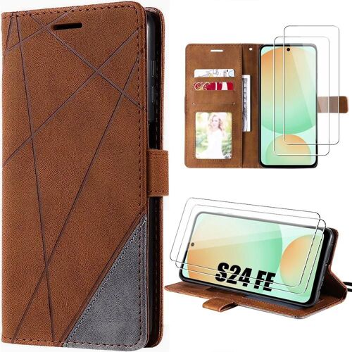 Coque Pour Samsung Galaxy S24 Fe (Pas Pour S24) Avec 2 Verres Trempés, Protection Cuir Pu Marron - E.F.Connection