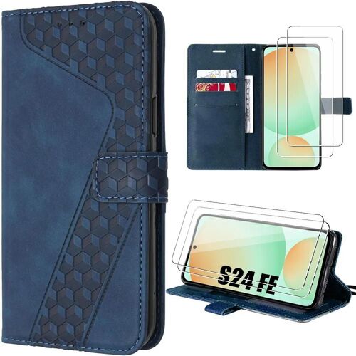 Coque Pour Samsung Galaxy S24 Fe (Pas Pour S24), Protection En Synthécuir Bleu Marine + 2 Verres Trempés - E.F.Connection