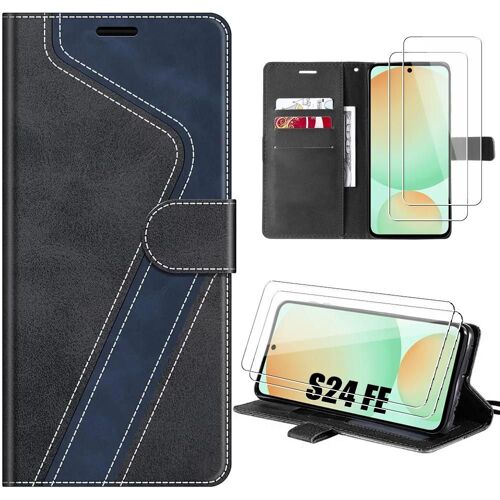 Coque Et 2 Verres Trempés Pour Samsung Galaxy S24 Fe (Pas Pour S24) Anti-Rayures Cuir Pu Noir/Bleu Marine - E.F.Connection