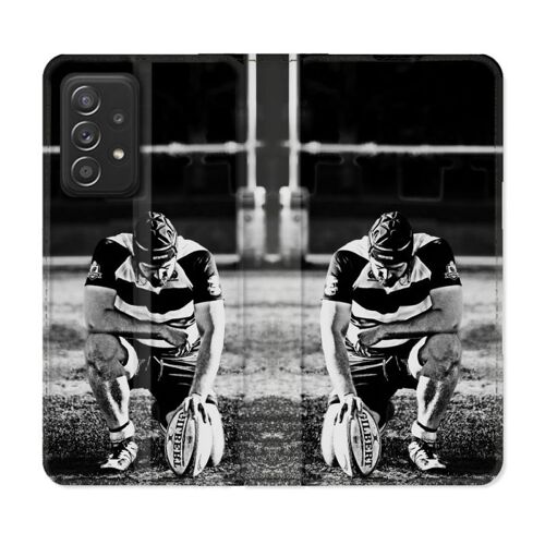 Housse Cuir Portefeuille Pour Samsung Galaxy A52 / A52s Sport Rugby Noir Blanc