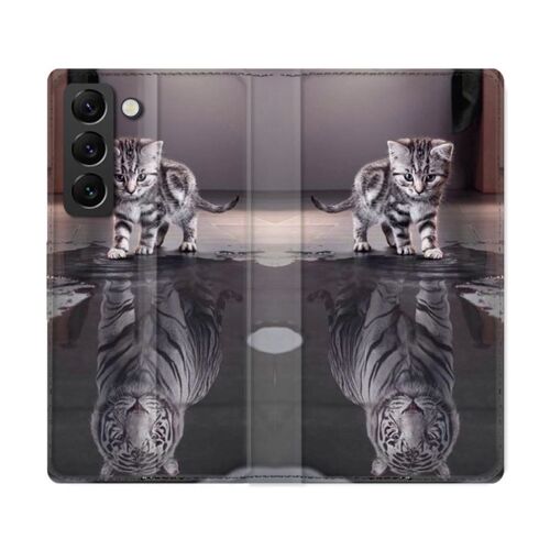 Housse Cuir Portefeuille Pour Samsung Galaxy S22 Ultra Animal Chat Reflet