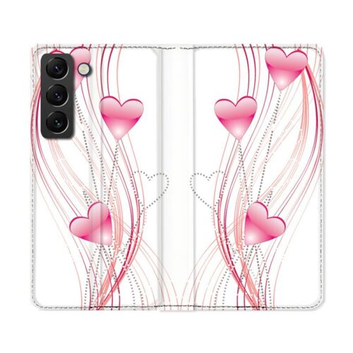 Housse Cuir Portefeuille Pour Samsung Galaxy S22 Ultra Amour Coeur Rose Montant Sur Blanc