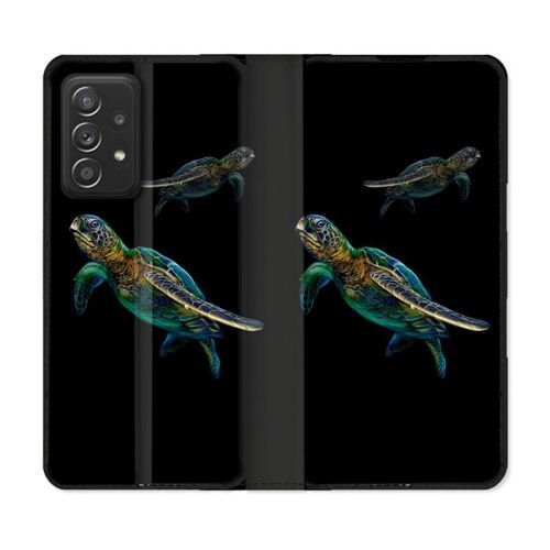 Housse Cuir Portefeuille Pour Samsung Galaxy A52 / A52s Animal Tortue Noire Multicolore