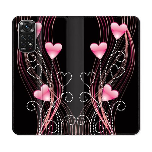 Housse Cuir Portefeuille Pour Xiaomi Redmi Note 11 / 11s Amour Coeur Rose Montant Sur Noir
