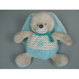 Doudou Peluche Lapin Bleu Beige Étoiles Écharpe Leclerc Mots D'enfants