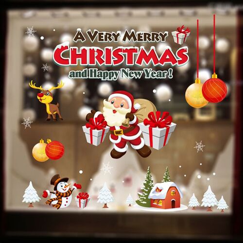 Autocollant de fenêtre de noël, autocollant flocon de neige père noël Elk, bonhomme de neige coloré en verre, décoration murale de la maison, 70cm x 50cm, 1 pièce