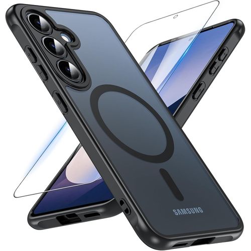 Coque Pour Samsung Galaxy S25, Magnétique Coque Samsung S25 Avec Magsafe Avec Verre Trempé, [Anti-Jaune] Antichoc Coque S25 Translucide Mat Extérieur Étui De Protection Pour S25 6.2'', Noir