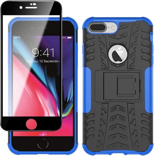 Coque Pour Iphone 8 Plus, Coque Iphone 7 Plus Et Verre Trempe Decran Protecteur, Silicone Antichoc Full Protection Avec Bequille Pour Apple Iphone 7/8 Plus (Bleu)
